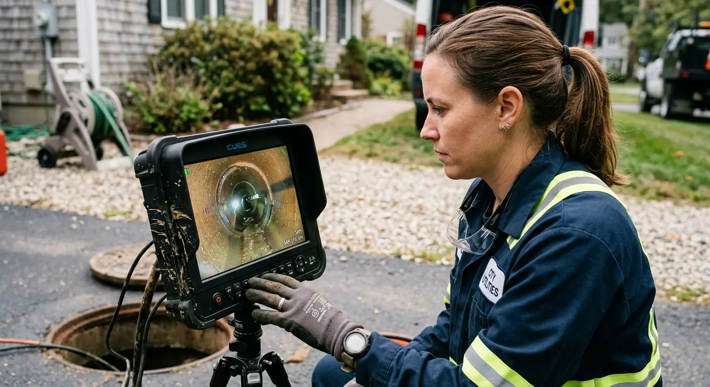 Technician reviewing sewer camera inspection footage in Millbury