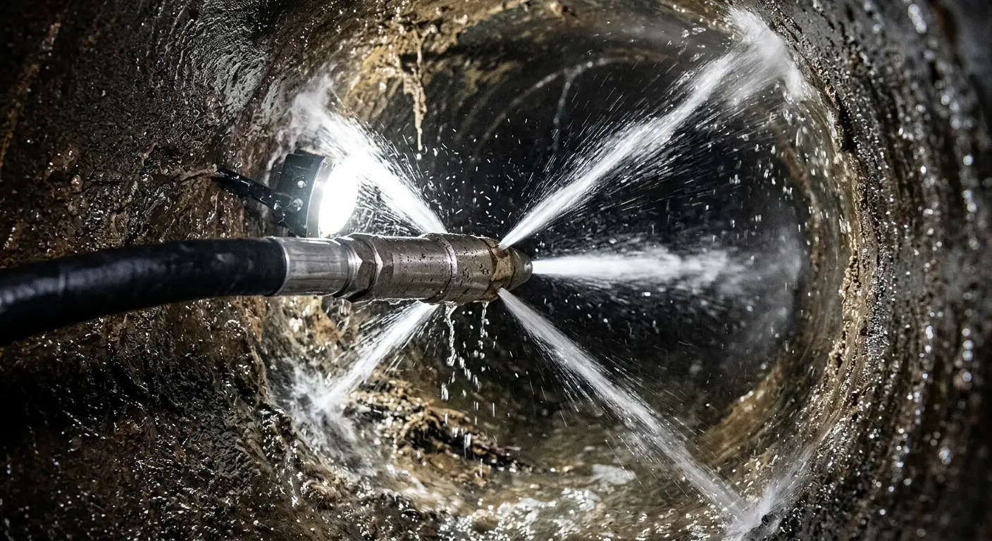 High-pressure hydro jetting nozzle cleaning sewer pipe for Sewer Cleanout in Millbury