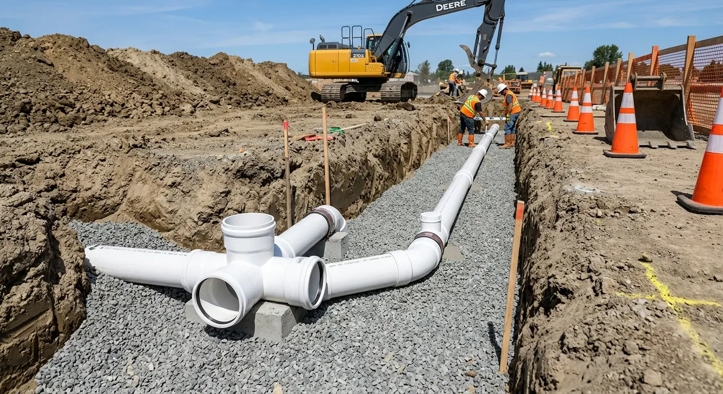 New PVC sewer pipe installation in open trench for Commercial Drain Cleaning in Millbury