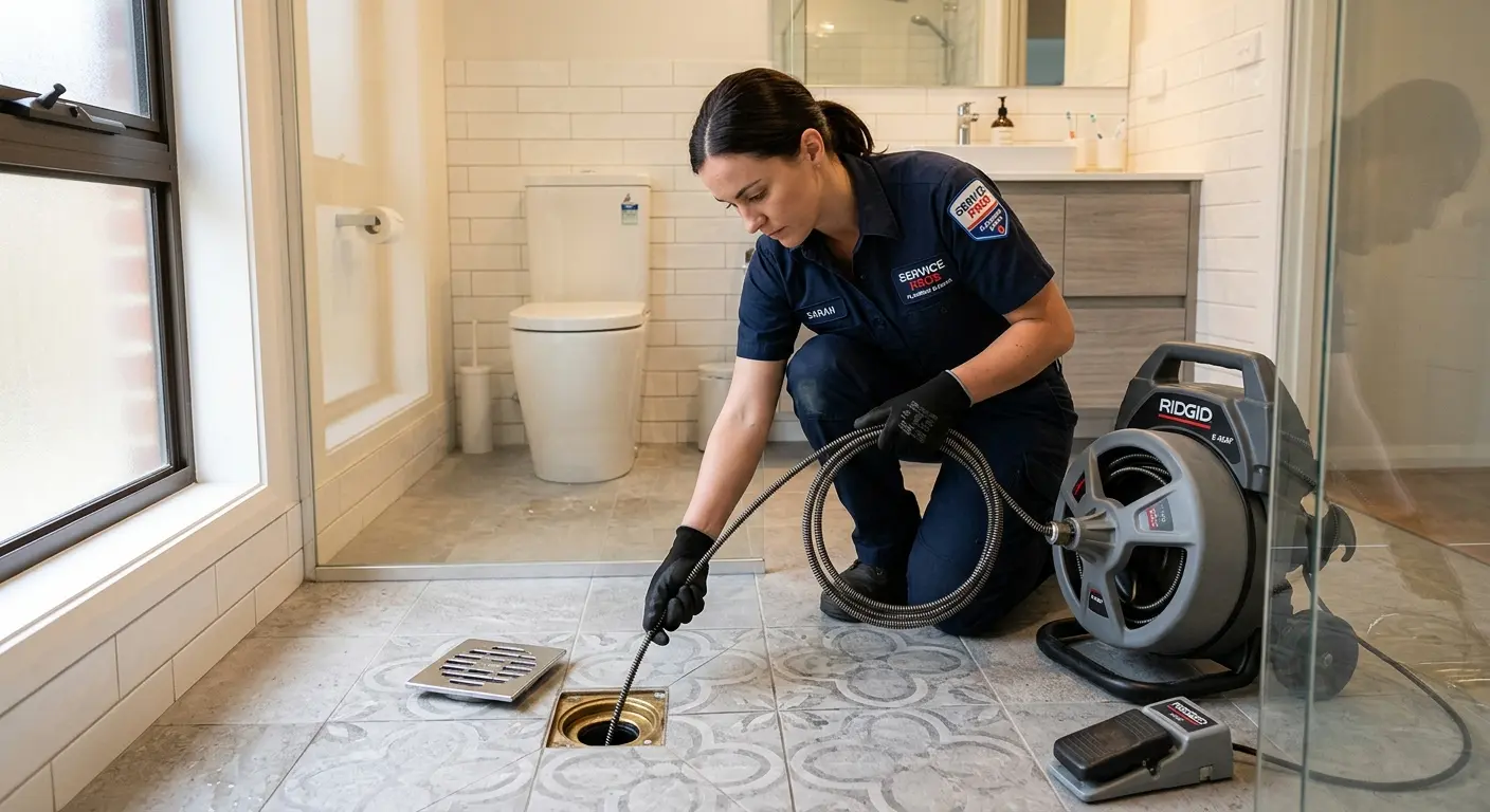 Technician clearing a bathroom floor drain for Hydro Jetting in Millbury